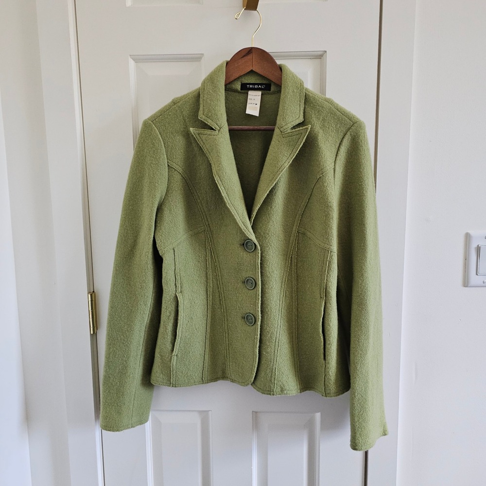 Vintage Tribal Womens 100% Boiled Wool Blazer Jacket Green 3-Button Size M